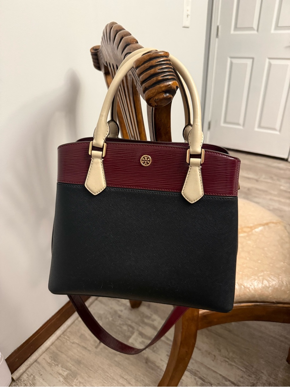 Tory Burch Black, Burgundy & Cream Leather Tote